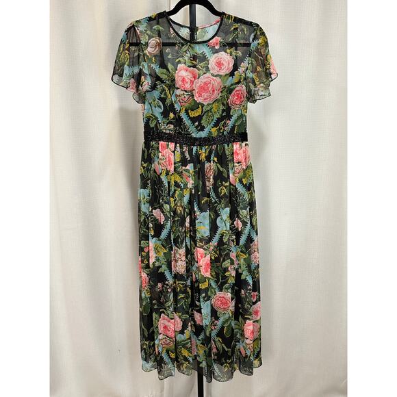 Mac Duggal Multicolor Floral Illusion Cap Sleeve Midi Dress 6 NWT #9149 Chiffon - Picture 2 of 16